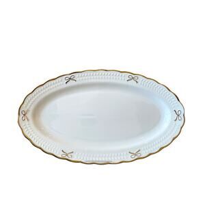 BELLA LUX Gold Bow Coquette Oval Serving Platter 14x8 White Ceramic NEW